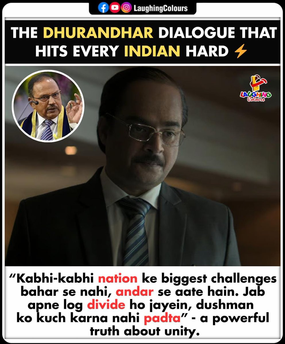 LaughingColours's tweet photo. Dialogue that hits hard ⚡
#Dhurandhar #IndianCinema #PowerfulDialogues #Unity #MovieMoments #ViralQuotes https://t.co/HbaK8Zd4gD