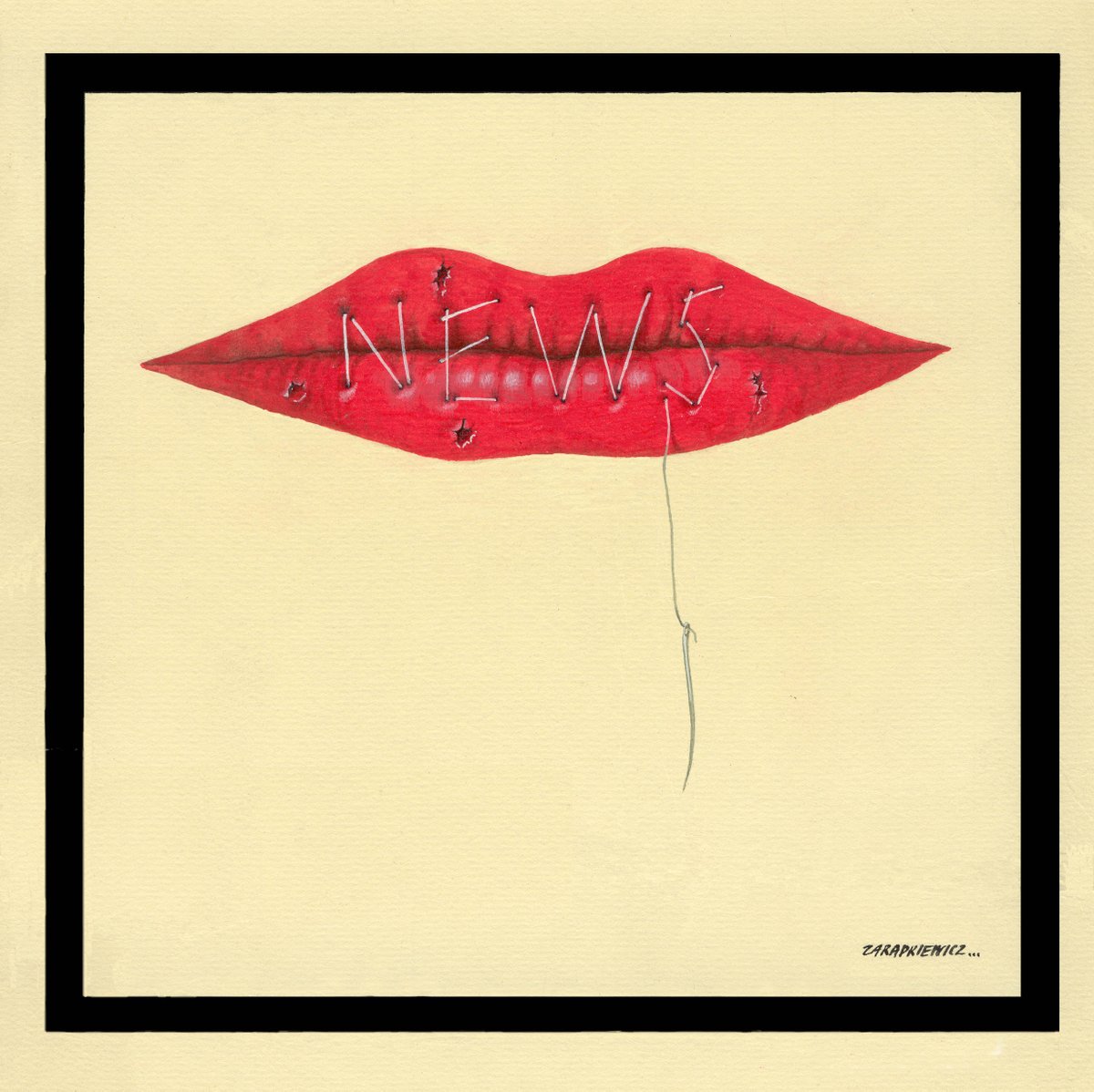 W 44. rocznicę stanu wojennego!
Rysunek "News" powstał w 1981 roku. Wysłałem go wówczas na konkurs do Montrealu. Po kilku tygodniach wrócił pognieciony z adnotacją "ocenzurowane". Do Montrealu niestety nie dotarł! Dzięki Photoshopowi mogę go publikować w wersji zretuszowanej.