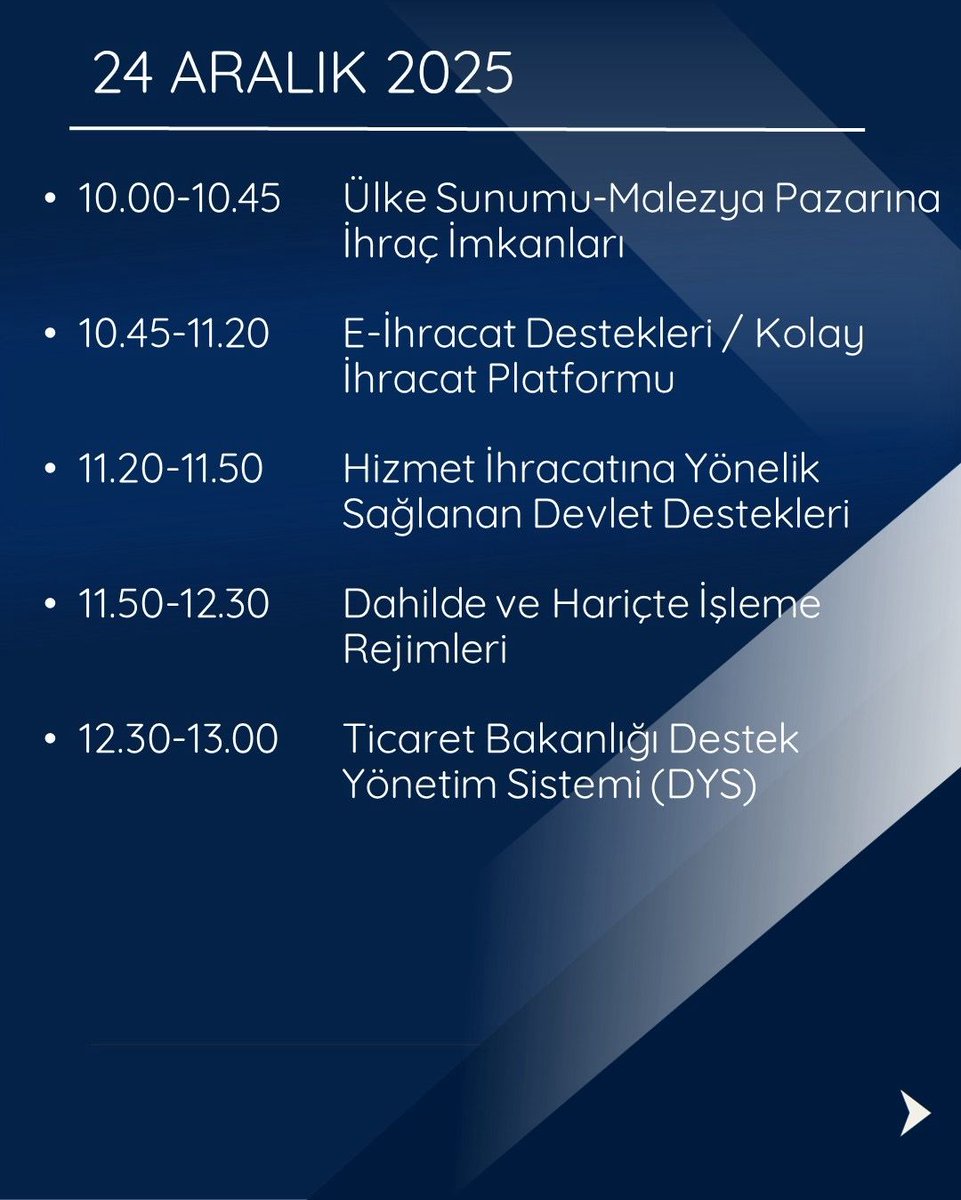 Galsiad's tweet photo. Ticaret Bakanlığınca 23-24-25 Aralık 2025 tarihlerinde “Ticaret Bakanlığı İhracat Süreçleri ve Devlet Destekleri Eğitim Programı” görselde verilen program akışı kapsamında çevrimiçi olarak düzenlenecektir.
@ticaret https://t.co/MaUmbYWyfr