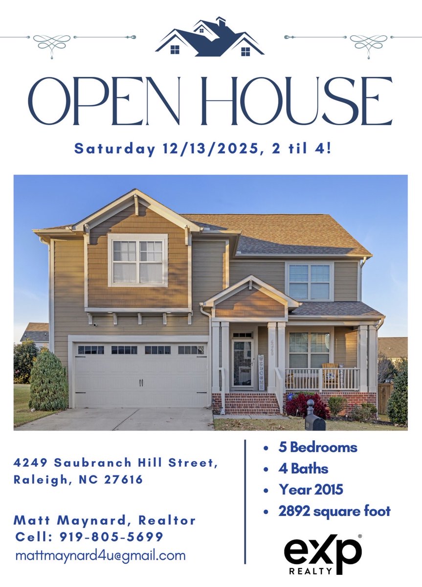MattMaynard9's tweet photo. 🚨Great Raleigh  #openhouse this weekend Saturday the 13th from 2-4 in the beautiful Belmont community! Come see this fantastic 5 bedroom and 4 bath home with 2,892 sq ft. 🏡 🎄 
Offered at $545,000. 

#realtor
#raleighrealestate
#maynardrealestate
#exp https://t.co/6S9rXww2CU