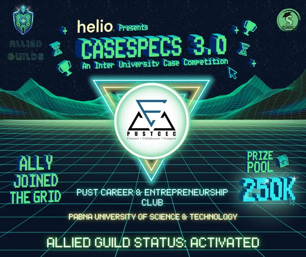 PUSTCEC's tweet photo. Get ready for the ultimate case battle! 🚀
PUST Career &amp; Entrepreneurship Club × Spectrum (KUET) present CASESPECS 3.0 — a National Inter-University Case Competition with a prize pool of 250K.
🧠 3 Rounds 
📅 Deadline: Jan 5, 2025
📝 Register now: https://t.co/nN3hYcnKTZ https://t.co/SJ8pUarNTk