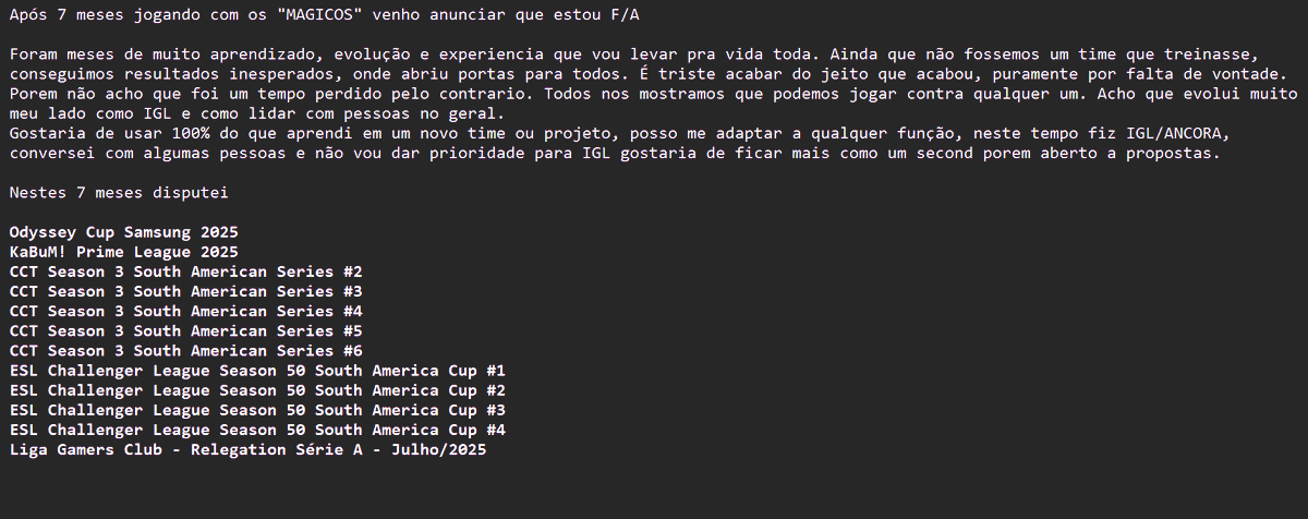Gostaria de agradecer as pessoas que participaram dos "MAGICOS" nesse tempo foi um prazer cada experiencia e aprendizado com cada um de vocês desejo o melhor pra todos 
<a href="/lkzfps__/">MIBR lkz</a> <a href="/JhonesMacarones/">Jhones Macarones</a> <a href="/Freitascs2/">freitas</a> <a href="/balerostyle/">Kevyn Guedes</a> <a href="/lcszym1/">lcs</a> <a href="/Tineufps/">Tineu</a> <a href="/ghost1_cs/">ghosT1</a> <a href="/rxtherare_/">rx</a> <a href="/e_ocria/">EOcria</a>