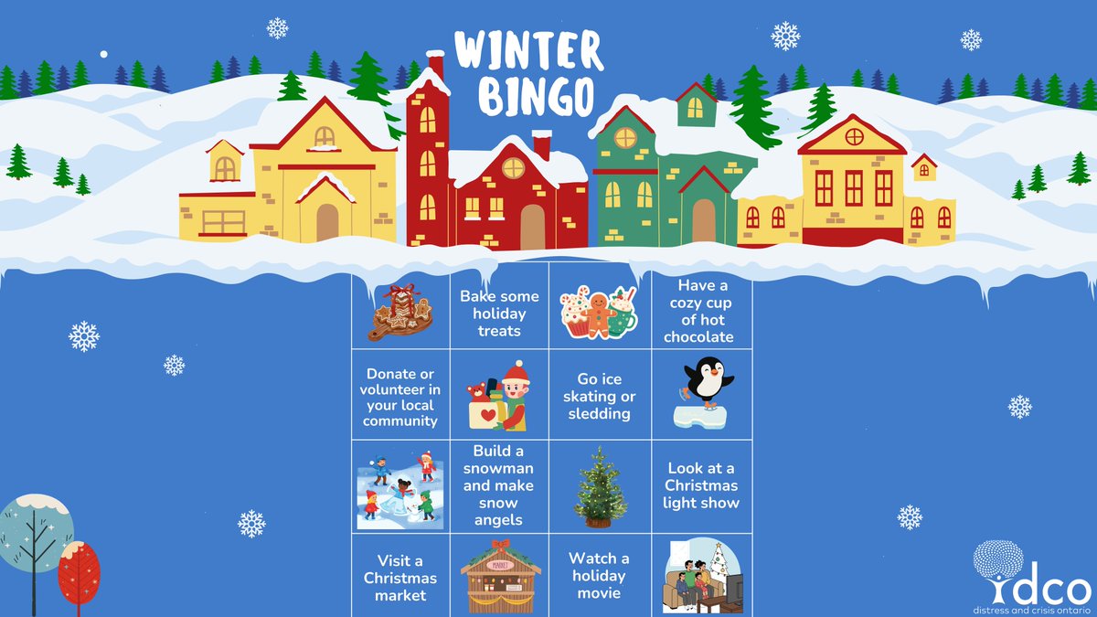 Enjoy our Winter Bingo! ☃️❄️ 
Check off cozy activities like baking holiday treats, sipping hot chocolate, watching a holiday movie, or visiting a Christmas market. Get outside for skating, sledding, snow angels, or enjoy a Christmas light show. Have fun and stay warm! 💙✨