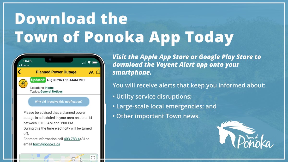 Download the #TownofPonoka App!  

The app will send you alerts that keep you informed about:  

✅Utility service disruptions; 

✅Large-scale, local emergencies in #Ponoka; and 

✅Other optional non-emergency alerts.  

Learn more at ponoka.ca/p/alerts