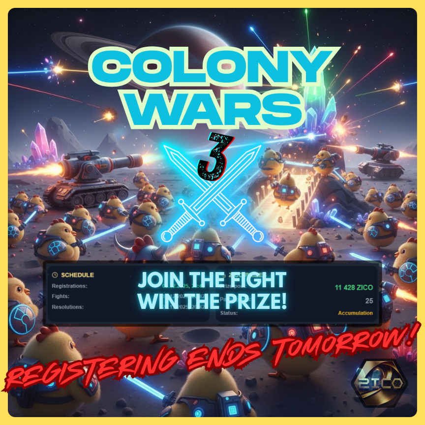 No time to waste!
Colony Wars: SEASON 3 awaits!
⚔️ ⚔️ ⚔️ 

Register now. Join the fight!
Try here:
🌐 henomorphs.xyz/ColonyWars

⌛️ 14.12.2025, 20:42
🐤
#Henomorphs #ColonyWars #web3 #NFT
