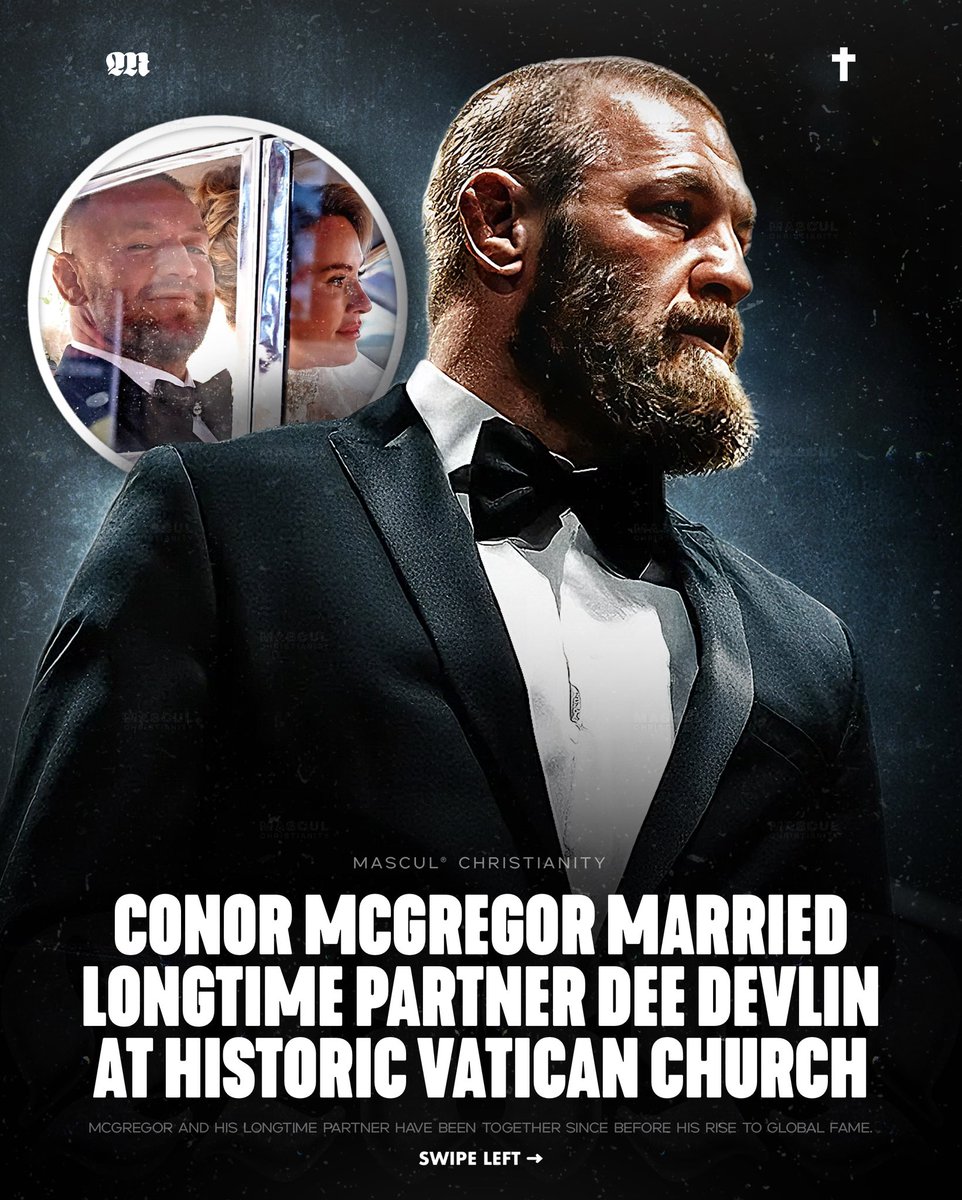 masculchristian's tweet photo. Conor McGregor married his longtime partner Dee Devlin in a historic church within the Vatican, marking an important new chapter in a relationship that began well before his rise to global prominence. ✝️💪🏼 #ConorMcGregor #DeeDevlin #Wedding #Vatican #News https://t.co/RLZ8A6J7uu