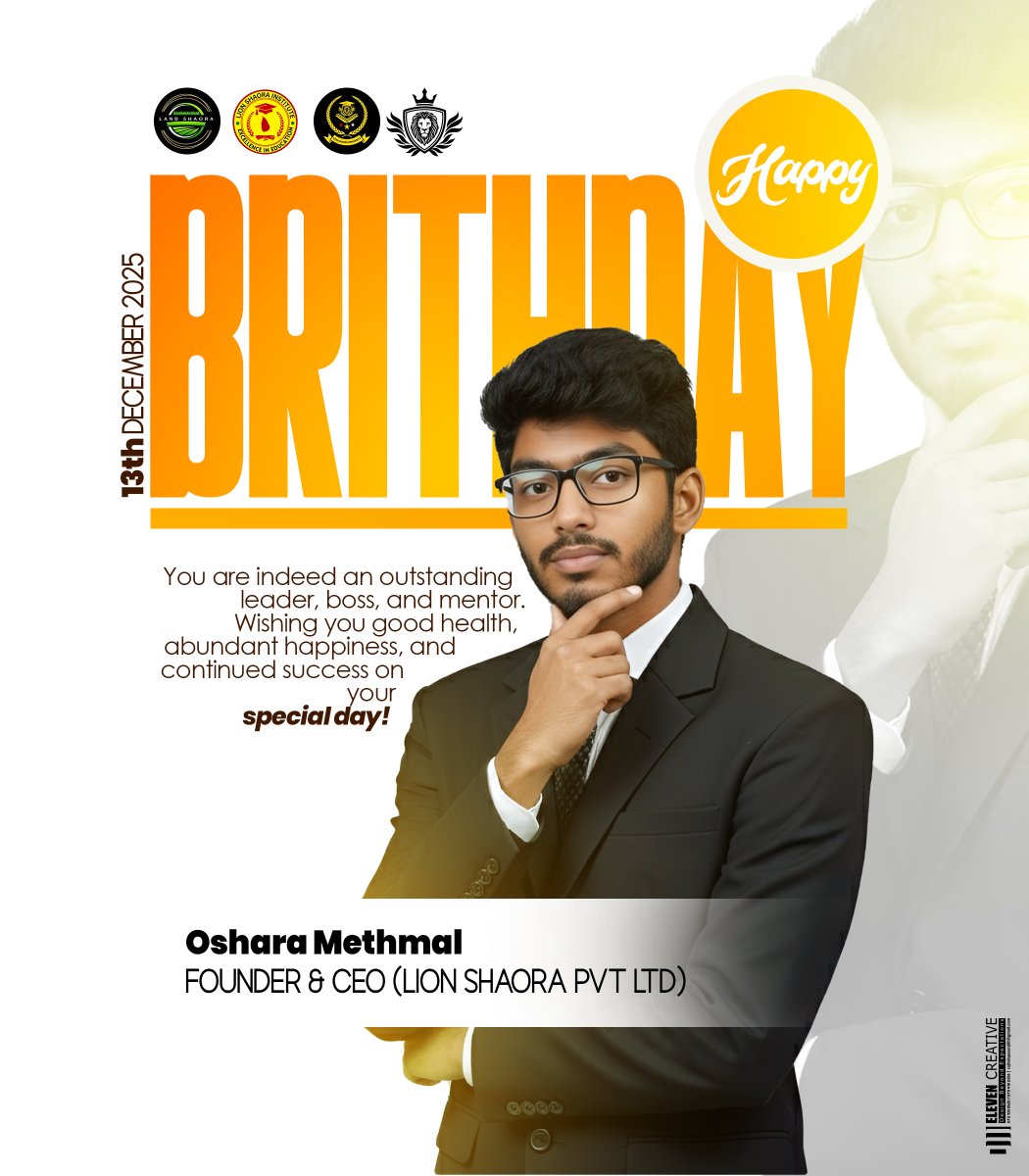LionShaora's tweet photo. Celebrating Leadership &amp; Vision 📷
​Wishing a very Happy Birthday to the visionary behind our success, Mr. Oshara Methmal!
​
#OsharaMethmal #LionShaoraPvtLTD #LionShaoraInstitute #LionShaoraCampus #LandShaora #FounderAndCEO #Chairman https://t.co/9S5T8N6KR6