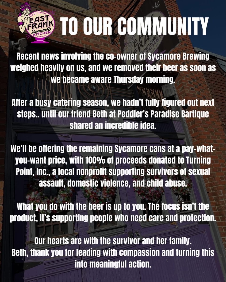 JayEllis49's tweet image. Bars are dropping Sycamore beer. Some are turning this into a positive by donating proceeds to abuse organizations. Personally I’ve been boycotting Sycamore for years because of all the shady shit they did including the NSFW Christmas Cookie beer cans. #cltbeer