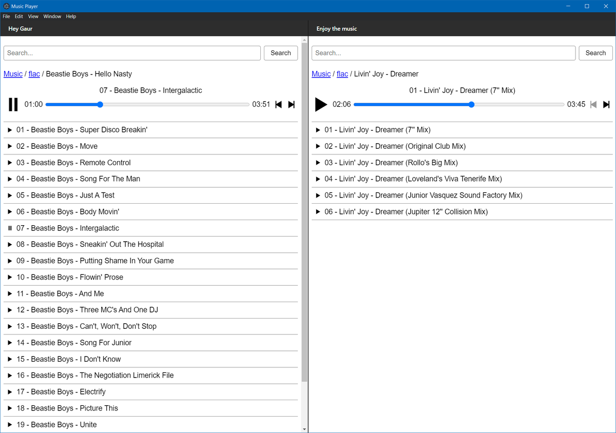 sillkongen's tweet photo. My dual tab Music player. Updated, electron build on windows. 

Being an LP person I think of this as two turntables. Line one album up switch to the other one.

Me and jr. we call it the Dude as in Gaur in our native language.

You can do search. We can play all the formats. https://t.co/86RMUoL55u