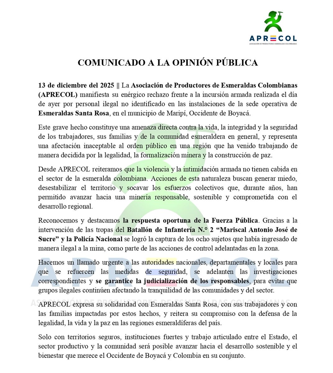 aprecol's tweet photo. #Boyacá || Desde APRECOL rechazamos de manera contundente la incursión armada ilegal ocurrida el día de ayer en las instalaciones de la sede operativa de Esmeraldas Santa Rosa, en el municipio de Maripí.

Lea nuestro comunicado a la opinión pública.
#OccidenteDeBoyacá #Maripí https://t.co/pBGVobxJgf