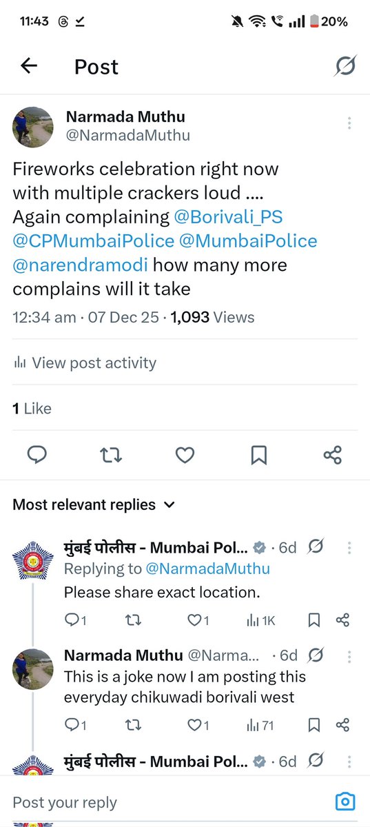 NarmadaMuthu's tweet photo. @CPMumbaiPolice @MumbaiPolice @Borivali_PS @DGPMaharashtra @ndtvindia
@narendramodi @borivalips
Just now more fireworks ...old posts with same issue, standard acknowledgement and no action https://t.co/NwQKMCv8d5