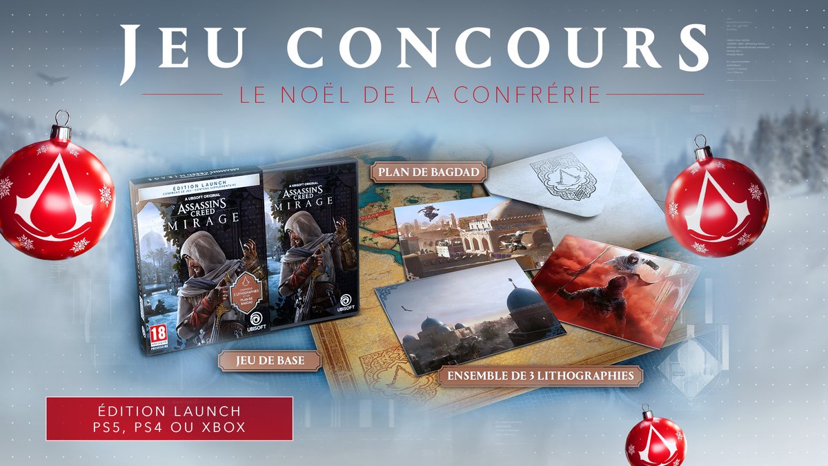 LE NOËL DE LA CONFRÉRIE - 3️⃣🎁

Besoin de vacances au chaud ? ☀️
Aujourd'hui, tentez de remporter une Édition Launch d'Assassin's Creed Mirage ! 🕌

❤️ Liker le post
💬 Commenter avec votre plateforme de jeu
✔️ S'abonner à <a href="/AssassinsFR/">Assassin's Creed FR</a>