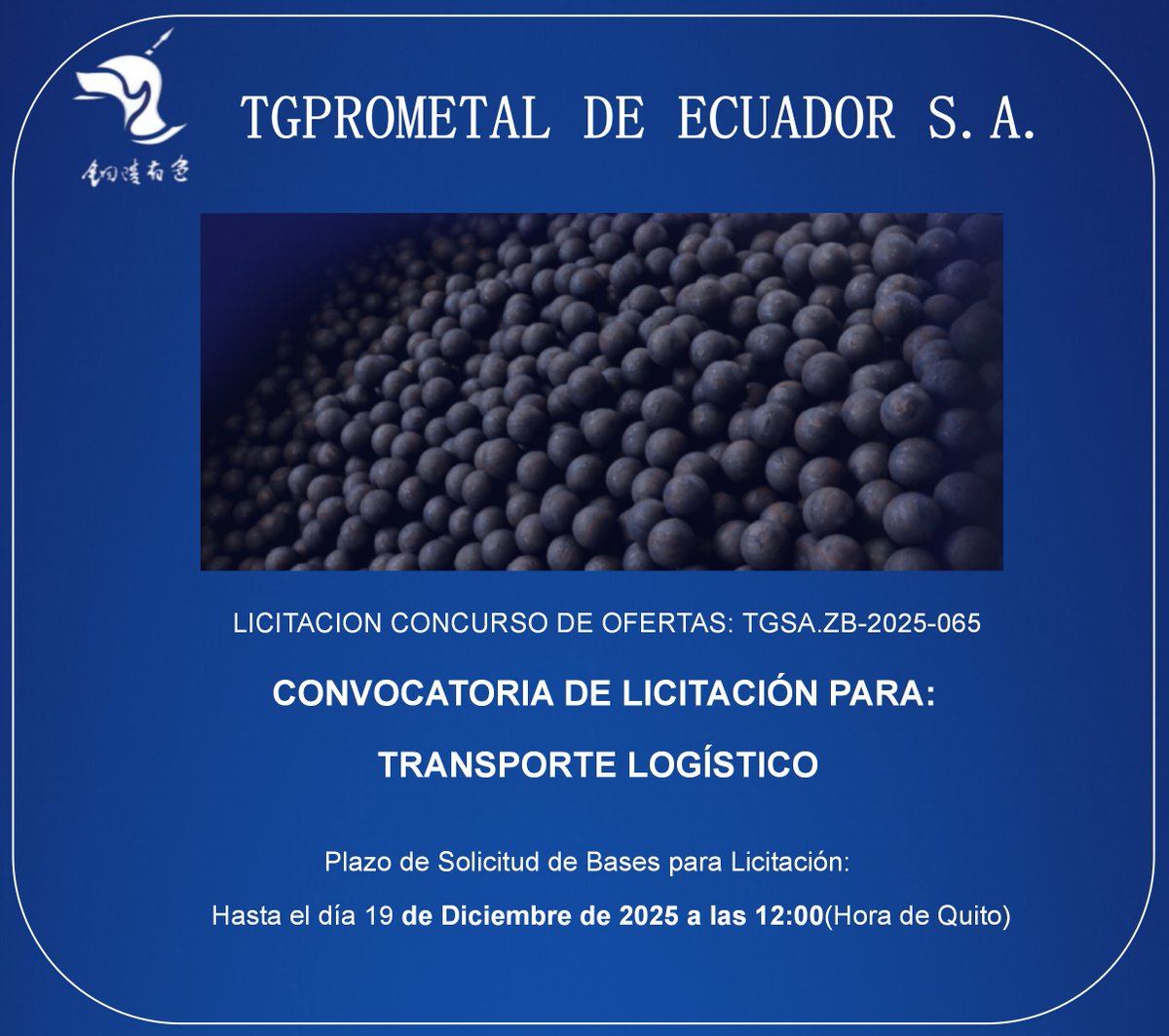TGPROMETALSA's tweet photo. MATERIAL RESISTENTE AL DESGASTE TGPROMETAL DE ECUADOR S.A. (TGPROMETAL) anuncia licitación concurso de ofertas para Transporte Logístico. Más detalles en el siguiente...https://t.co/xZMza9ZH3c https://t.co/NLJRT6NJ2g
