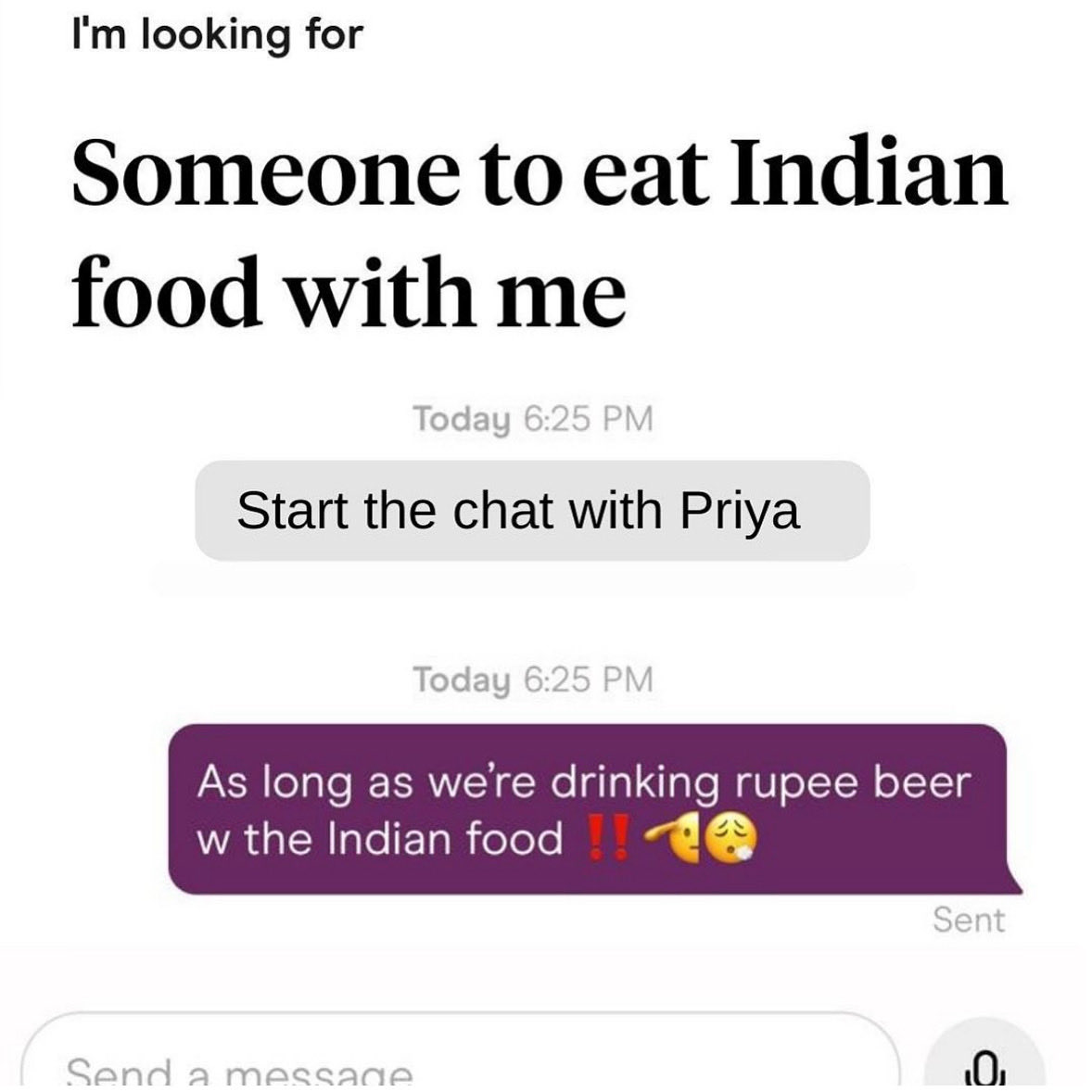 Must be emotionally available and willing to split garlic naan 🤭 <a href="/hinge/">Hinge</a>