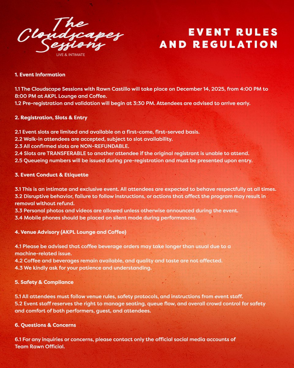 HAPPENING LATER — DECEMBER 14! ✨☁️

The clouds are ready — are you? The Cloudscapes Sessions with RAWN CASTILLO is happening later, and it promises an intimate afternoon filled with music, stories, and unforgettable moments made just for KNRs.

Get ready for special performances