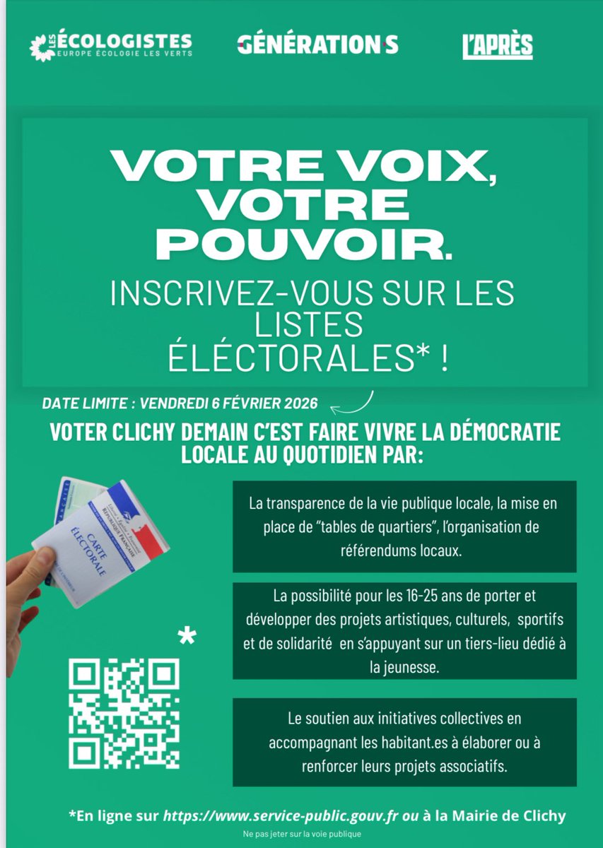 EELV_Clichy's tweet photo. Faites entendre votre voix, inscrivez-vous sur les listes électorales. https://t.co/Ey0E7rOXrd