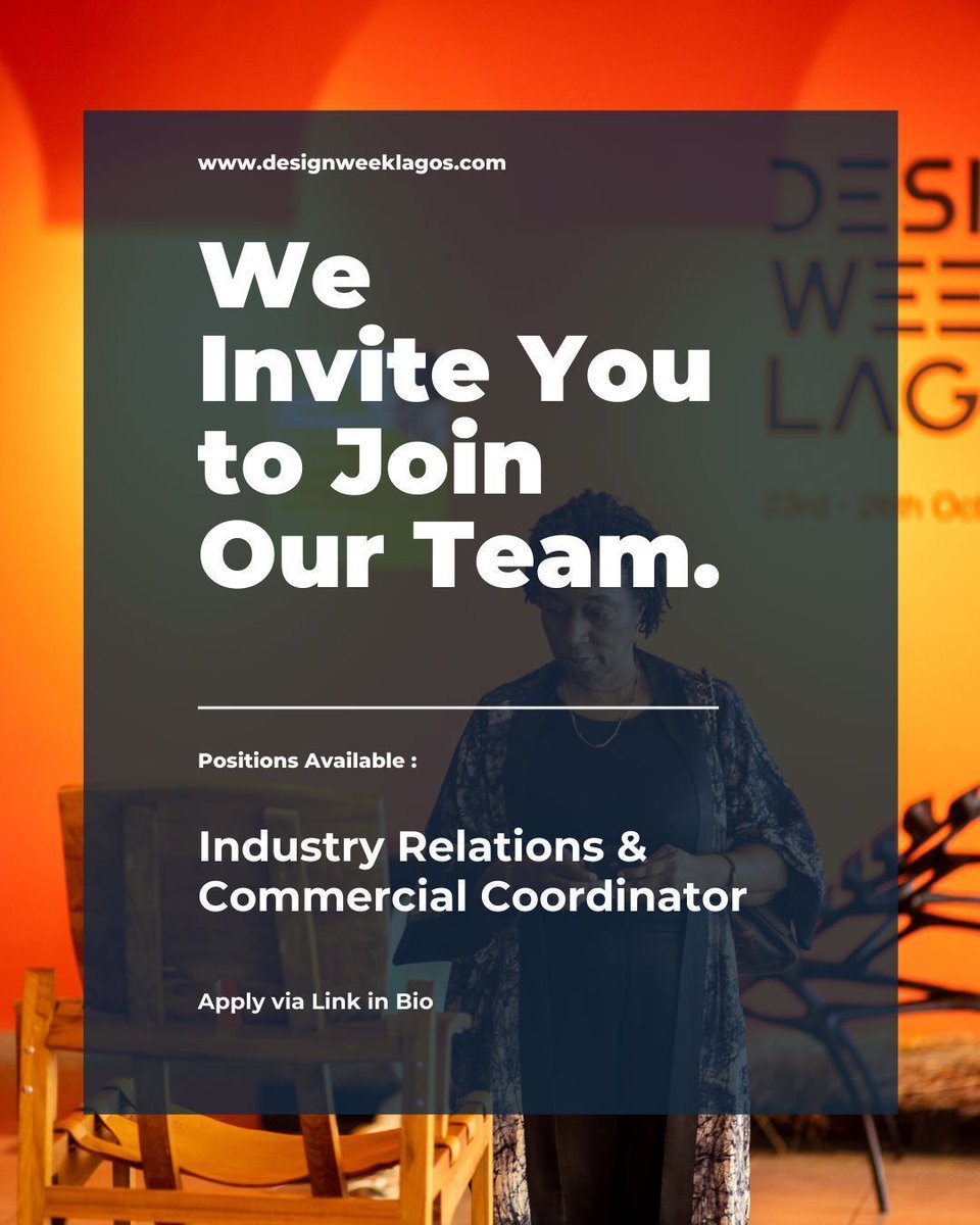 Design Week Lagos is hiring an Industry Relations &amp; Commercial Coordinator. DWL is looking for people to help build Africa’s leading design and innovation movement.

Send your application details to info@designweeklagos.com

JobsInLagos AfricanDesign CreativeJobs GigsnMore naija