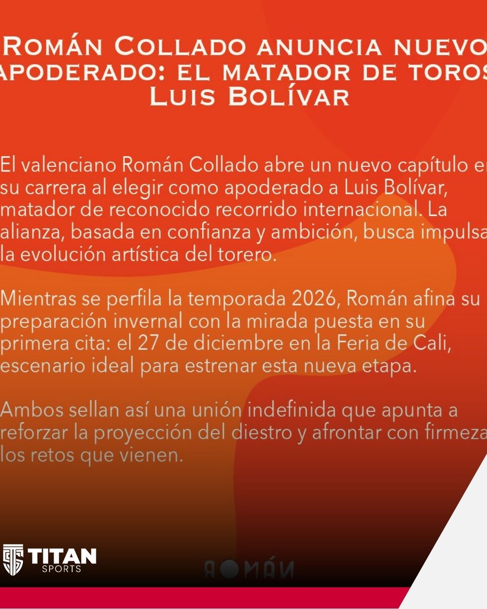 TitanTaurino's tweet photo. 🔴 Nueva etapa para Román Collado.
El torero valenciano anuncia a Luis Bolívar como su nuevo apoderado, con la mirada puesta en la temporada 2026 y un arranque importante en la Feria de Cali.
👉 Lee la nota completa 👇https://t.co/SDrfRE9vn5

#Collado #LuisBolívar #Tauromaquia https://t.co/EQGAIQnxsF