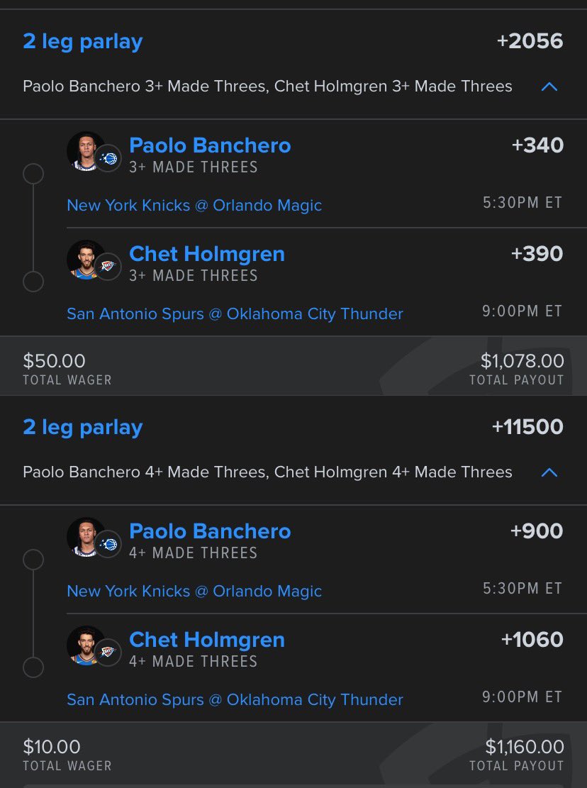 Paolo / Chet 3s Stack Fanduel 🧩🚀

.50u 3+ (+2055) 📈
.10u  4+ (+11500)📈

#NBA #NBACup #GamblingX  #BettingPicks