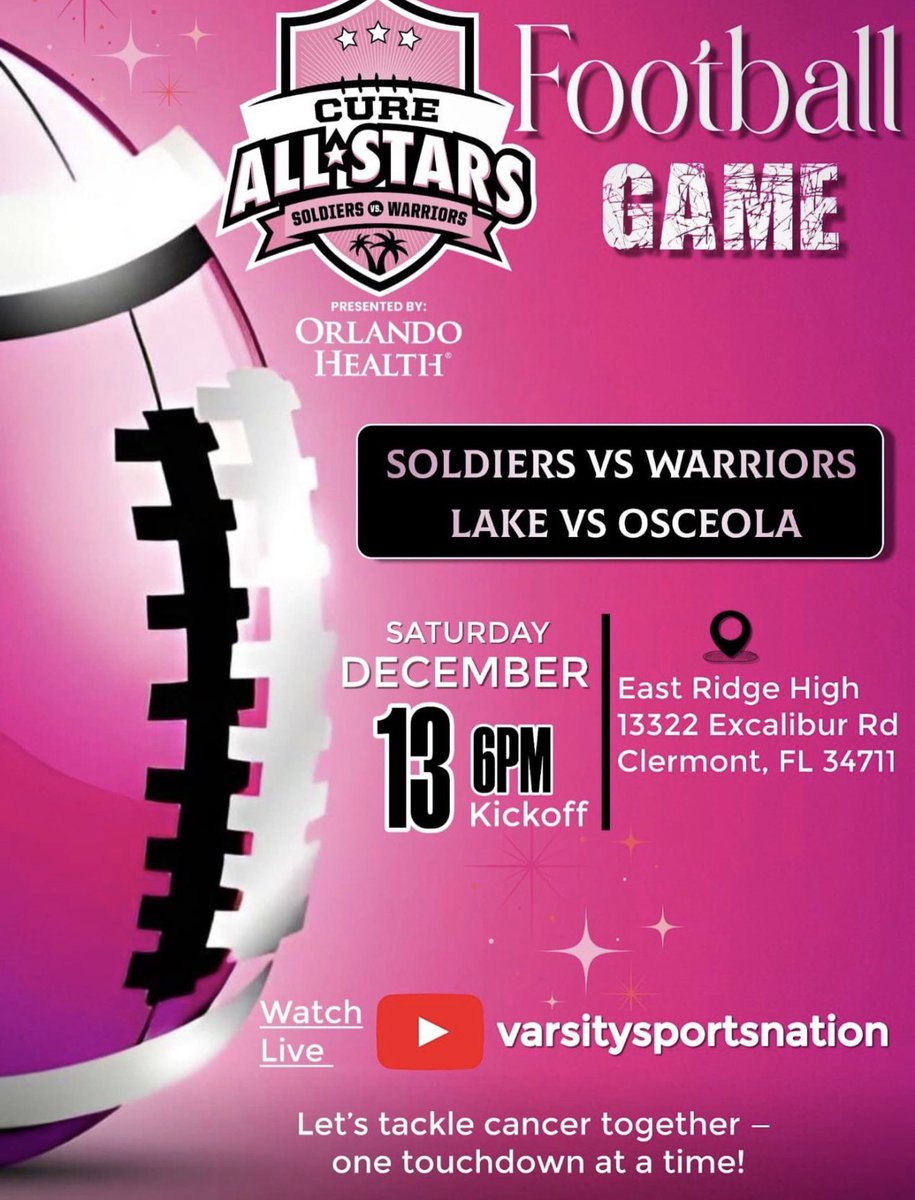 chase_beast12's tweet photo. Honored to be playing in the Cure All-Stars Football Game 🏈🎗️

Soldiers vs. Warriors — Lake vs. Osceola

I’ll be wearing #45

December 13th | 6 PM

Playing for a bigger purpose. Let’s tackle cancer together. #CureAllStars #PlayForACause #GloryToGod
@coachRholley @brad_lord https://t.co/ntP0E65kvC