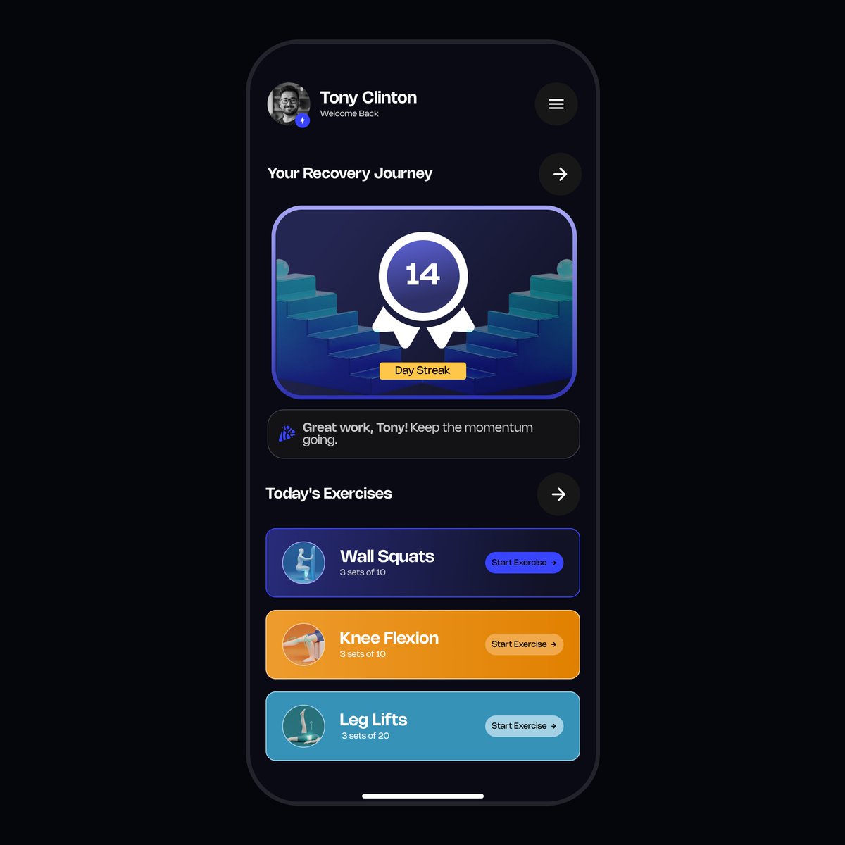 How do you keep patients engaged in a long-term recovery plan?

My design concept for a PT app that uses streaks and achievements,to turn a daily chore into a motivating challenge. 

#HealthTech #UIUX #Gamification