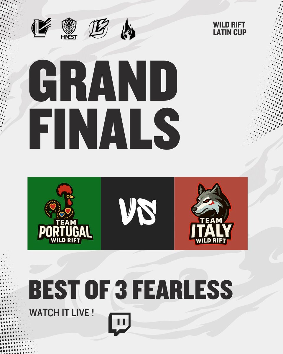 The Grand Finals are set! 🔥

Portugal 🇵🇹 vs Italy 🇮🇹 in a Fearless Best of 3 to crown the Latin Cup champion 👑

Watch it live:
📺 twitch.tv/sayvek
📺 twitch.tv/Misteur_T1M