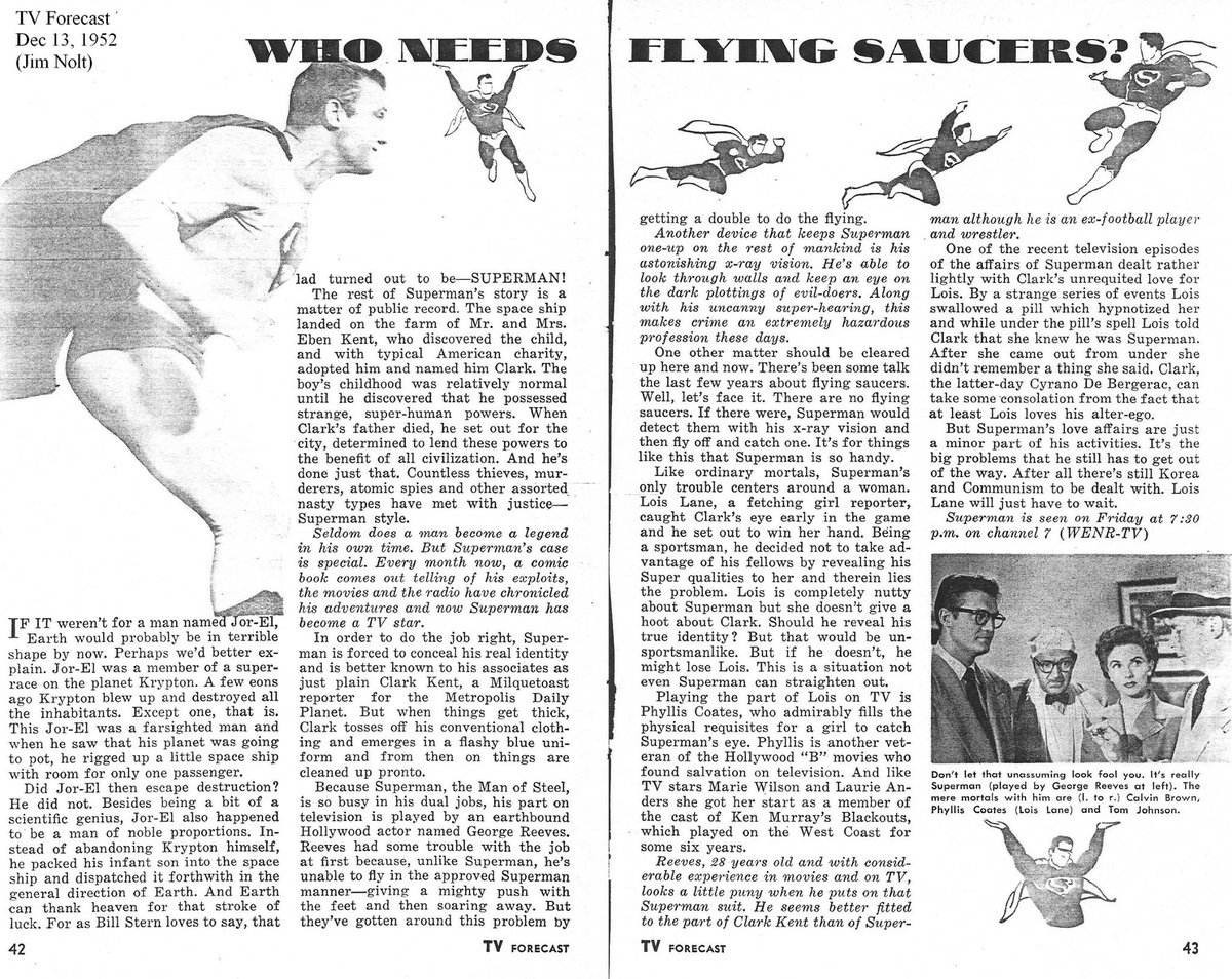 jimnolt's tweet photo. 12/13/52: TV Forecast in Chicago area published article Who Needs Flying Saucers? The series premiered on Chicago's WENR three months prior. Wonder if writer is making reference to Secret of Superman near the end. Earlier he writes George Reeves is 28 years old. Hmm. (He was 37.) https://t.co/fRfAt8A4Kz