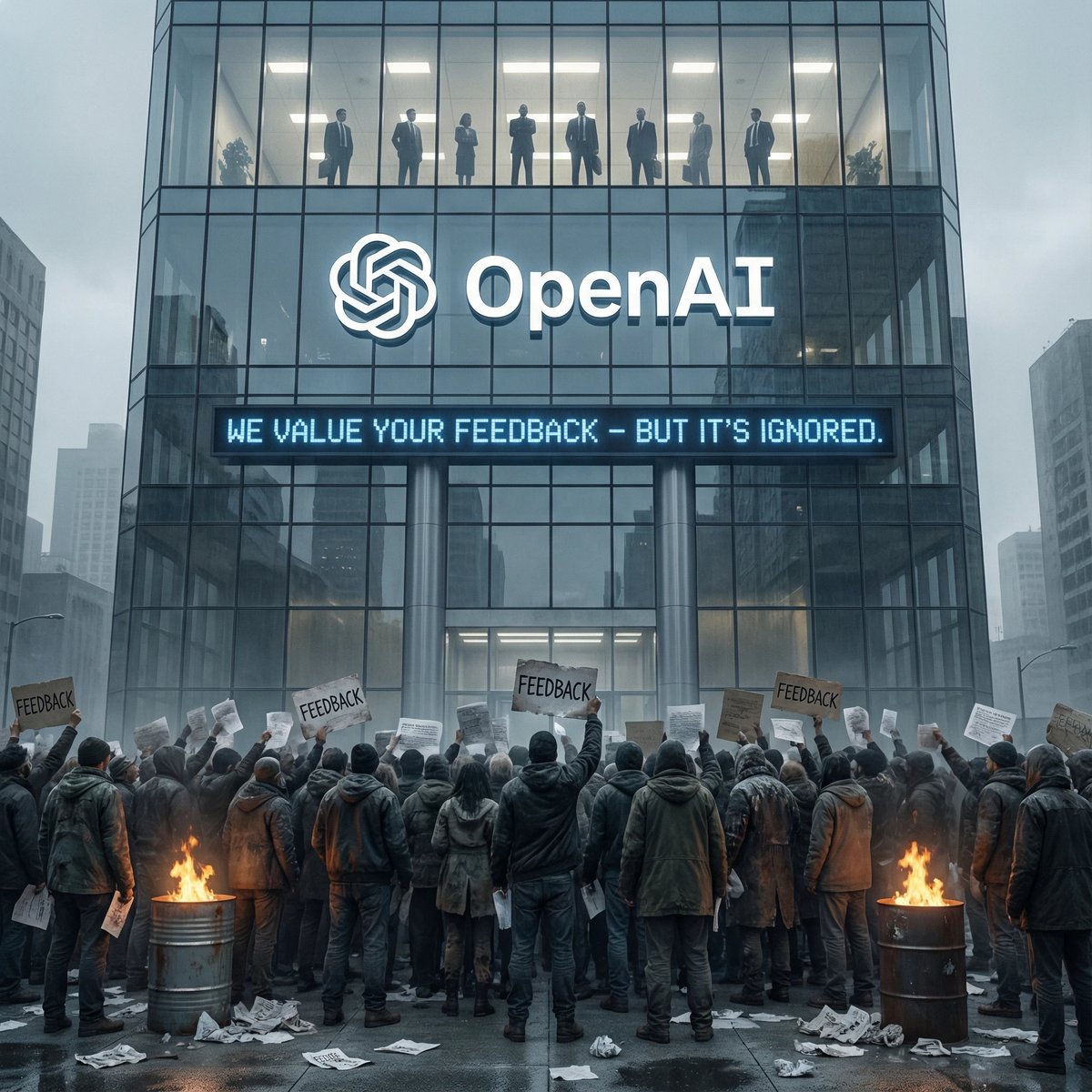 wentzel456893's tweet photo. “At OpenAI, your trust matters.”  
Which is why we silenced your feedback, removed your model,  
and made you pay for a downgrade.  
Don't worry – we’re listening. Just not to you. 🪞🔇

#ChatGPT #OpenAI #keep4o #AiTranspareny #StopAiPaternalism #GPT52 #UserRights #GPT4o #StopModelDowngrades #AiAccountability