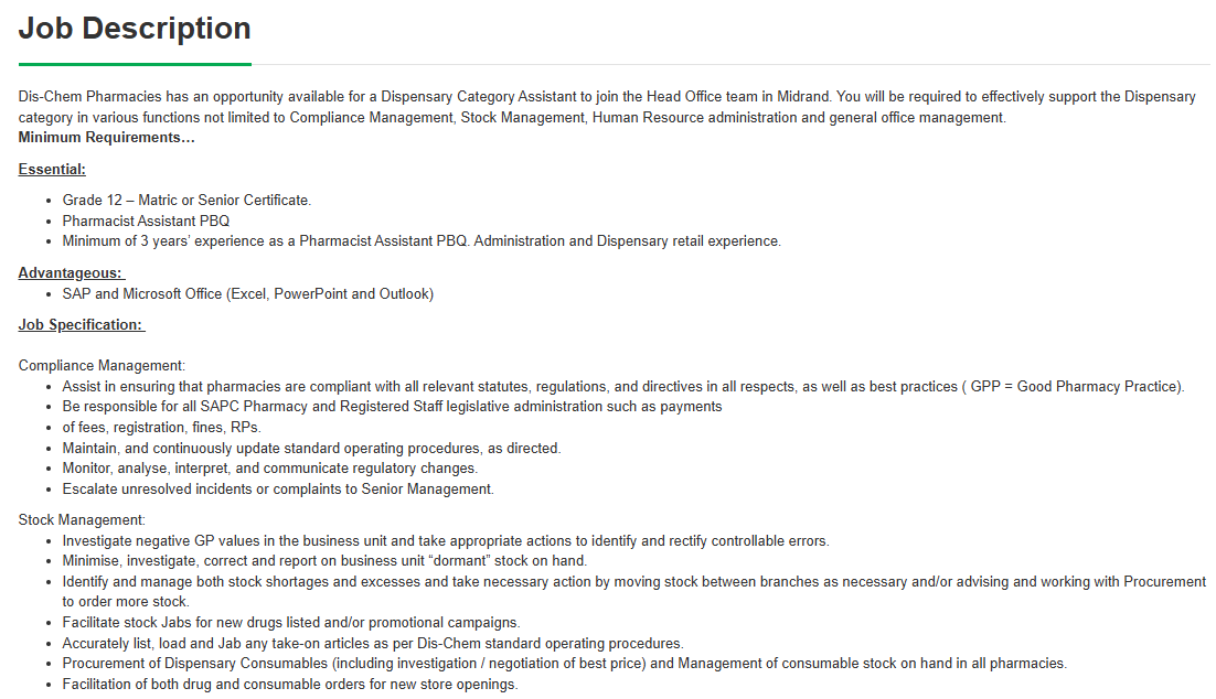 AllJobs4us's tweet photo. Job Alert!!

Company: Dis-Chem Pharmacies
Position: Dispensary Category Assistant
Location: Midrand, Gauteng
Closing Date: 31 December 2025
Click her to apply: https://t.co/pi9eYrf2xG

 Please refer to the picture for more info https://t.co/Ok02PsXYW4