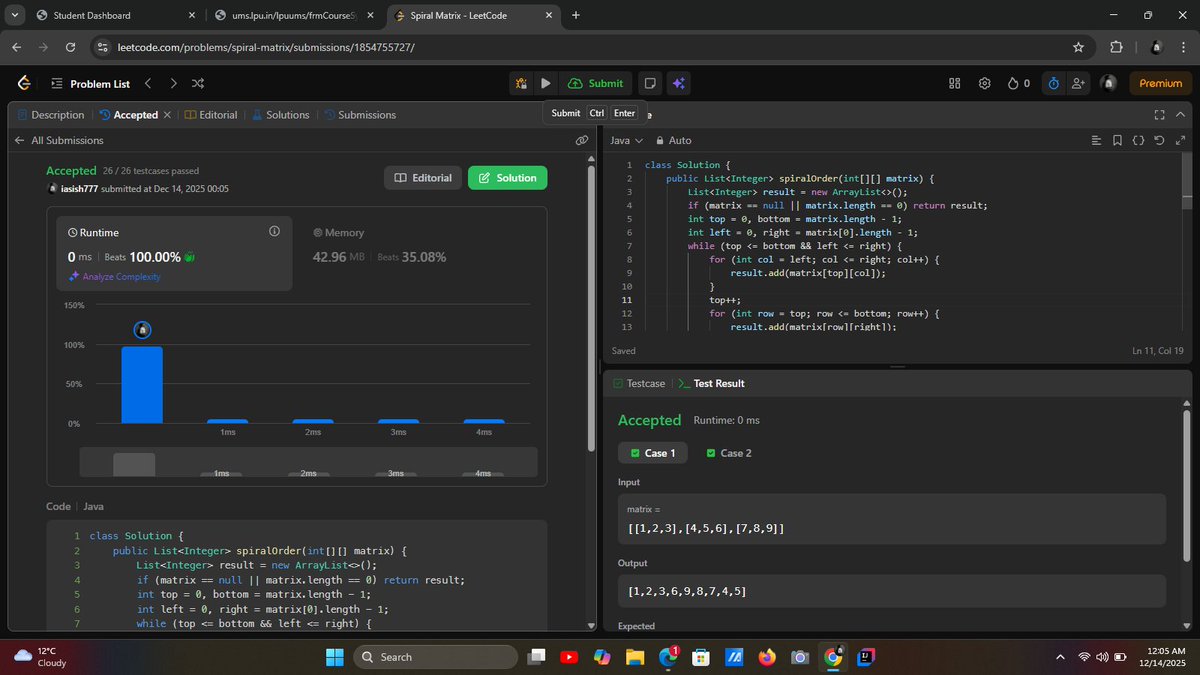 iasish77's tweet image. Day 13/180 ✅
Solved Spiral Matrix (LC54). Weekend + no sleep for 2 days, so kept it light but didn’t break the streak.
#LeetCode #DSA #100DaysOfCode #Coding #Consistency #StudentLife