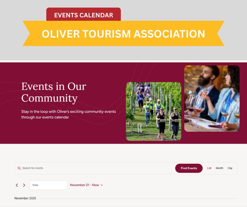 Plan Your Perfect Winter Day in Oliver!

The Oliver Tourism Association Event Calendar has everything you need to make the most of the season—from holiday festivals to unforgettable experiences.

Events are happening all year long!
Explore the calendar: visitoliver.com/events/