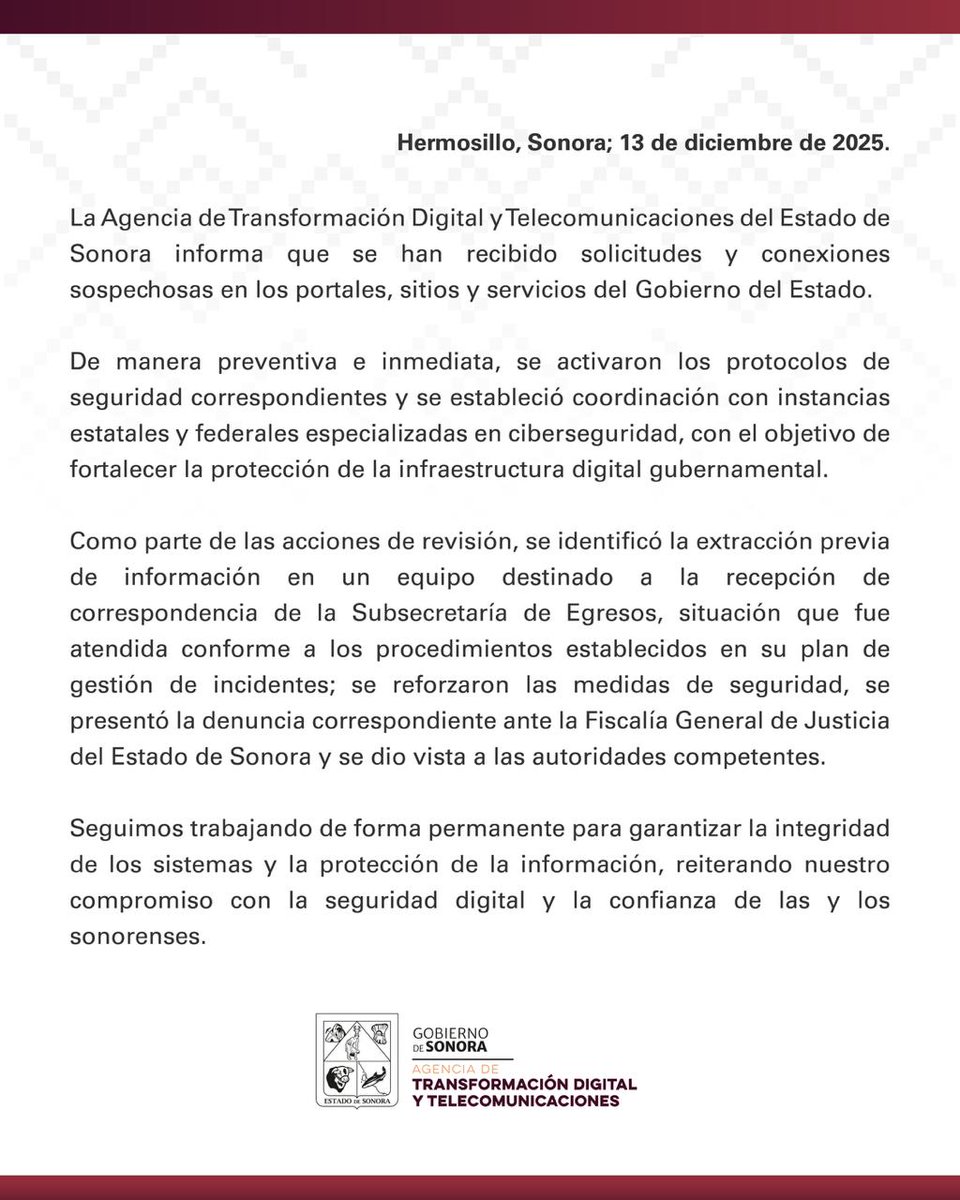 Informamos a la ciudadanía que se activaron de manera preventiva los protocolos de seguridad digital ante actividad sospechosa en servicios del Gobierno del Estado.