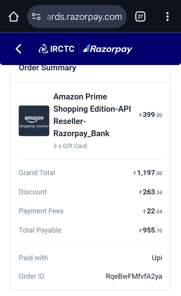 Hey <a href="/IRCTCofficial/">IRCTC</a> <a href="/Razorpay/">Razorpay</a> <a href="/RailMadad/">RailMadad</a> <a href="/RazorpayCare/">Razorpay Care</a>

What kind of scam are you running,
I ordered 4 amazon gift cards from the gift card section 

And all of it failed, I did get the refund 
But the convenience fees and taxes were excluded in the refund 
Why should I pay money