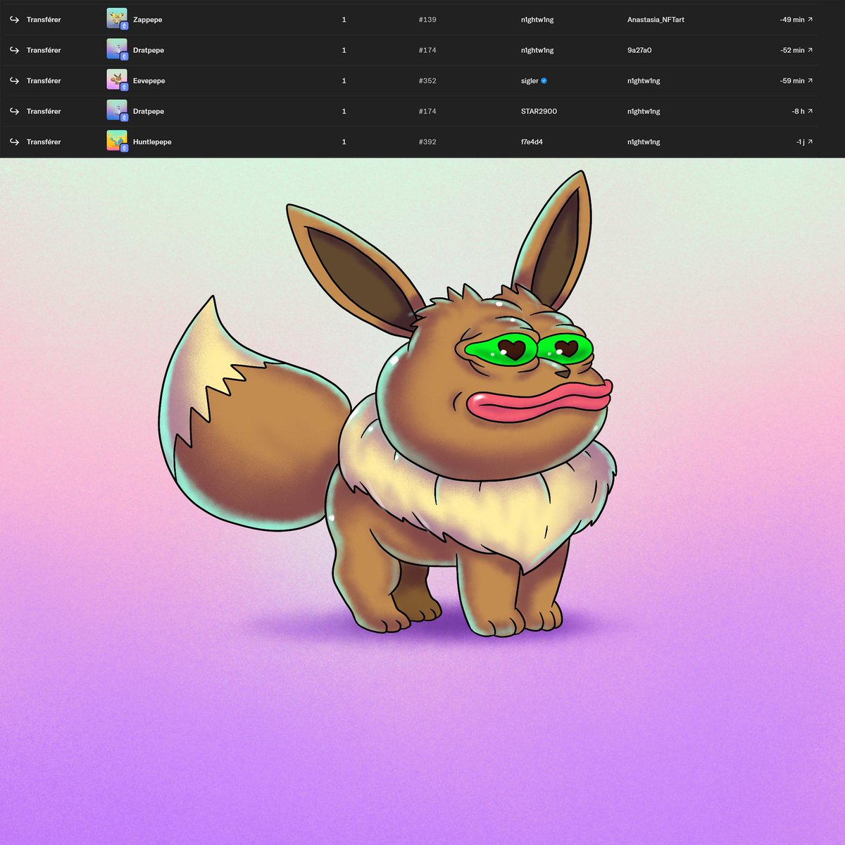 Eevepepe just found a new home 🏡⚡
Big congrats to <a href="/n1ghtw1ng_nft/">nightwing88 🦇🦇</a>  for grabbing it, and shoutout to <a href="/AnastasiaNFTart/">Anastasia NFTart | SuperRare 💎 | NFT.NYC</a> for catching Zappepe!

#POKEPEPE #NFTs 
👉opensea.io/collection/pok…