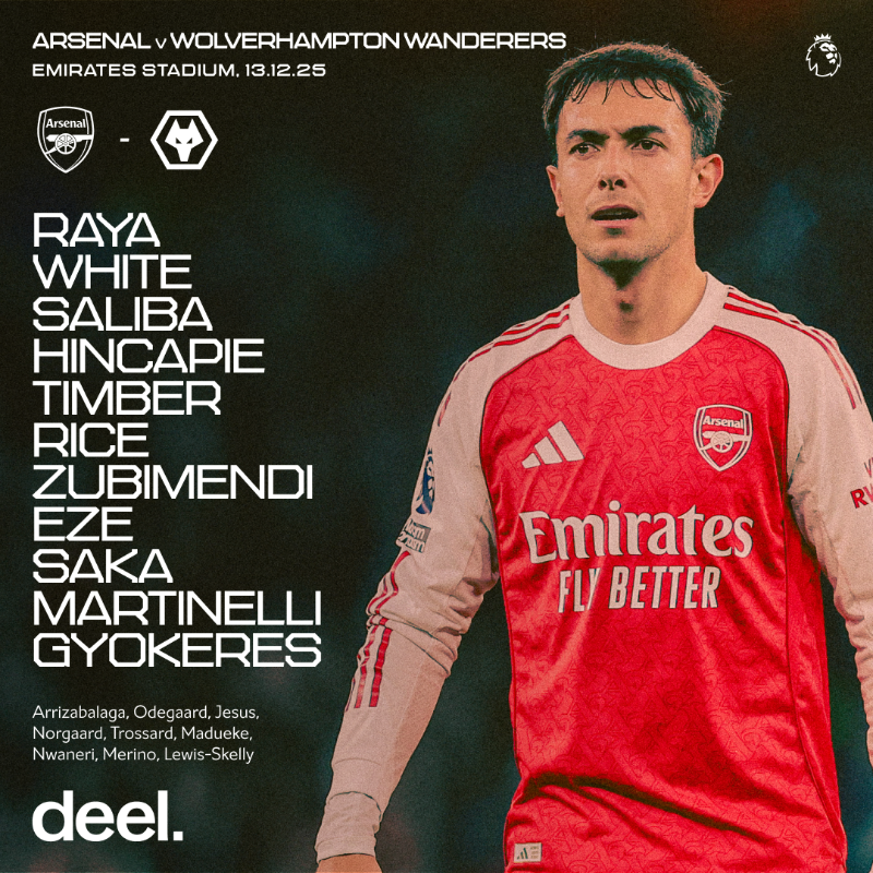 Arsenal's tweet photo. 🔴 𝗧𝗘𝗔𝗠𝙉𝙀𝙒𝙎 ⚪️

🔙 Saliba and Timber return to the backline
⚓️ Rice in the middle
©️ Saka with the armband

Let's do this, Gunners ✊

🤝 Presented by @deel