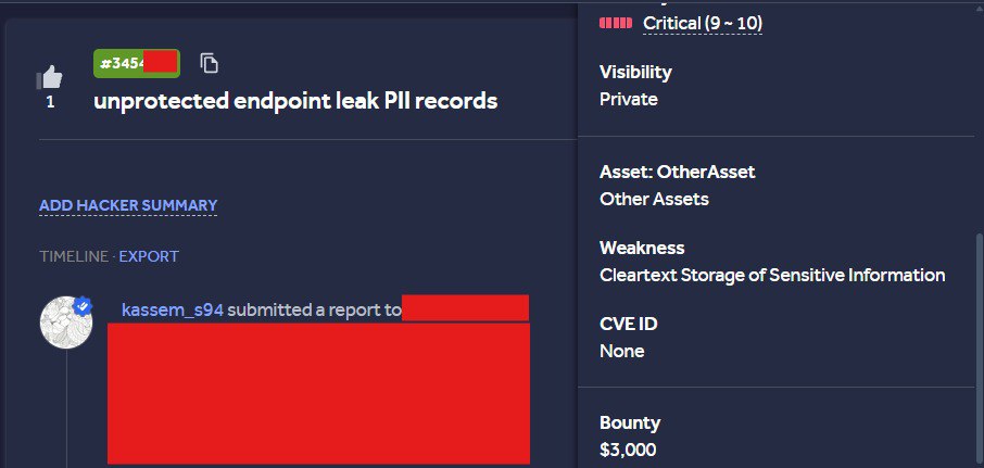 kassem_S94's tweet photo. 🚨 $3,000 Bounty Secured 🚨

Found a **Critical PII leak** caused by an **unprotected endpoint** exposing sensitive records.

The issue was discovered using **Secret Hunter** ,not just for secrets, but also for endpoint & string recon that helps uncover real attack paths.

Impact:
• Unprotected endpoint  
• PII records exposure  
• Severity: Critical (9–10)

Tools matter. Methodology matters.

👉 Join the Telegram channel: https://t.co/Otm27phCov  
📩 DM: https://t.co/V9JswzWb3M

#bugbounty
#hacking
#hackers