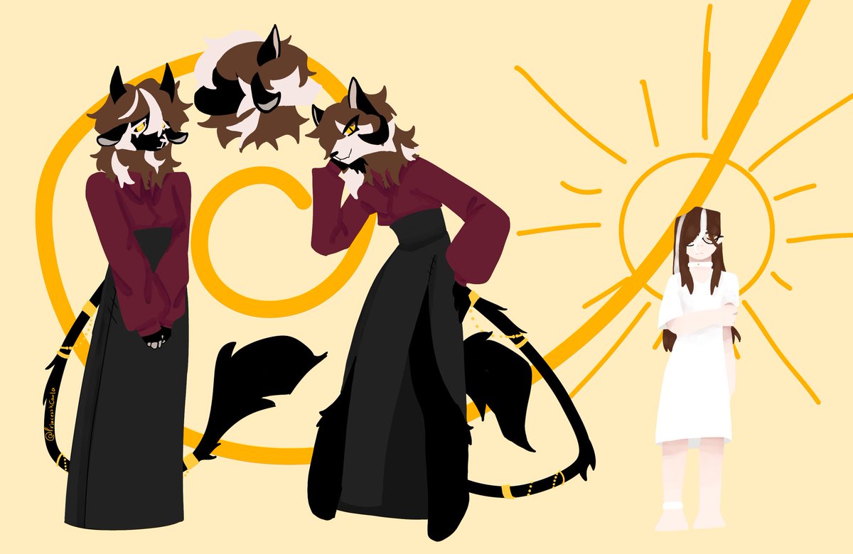 PrincessXCarla's tweet photo. This drawing is a little old, made in early February of this year, but I thought I'd post it anyways, cuz why not. An Alien Stage self-insert Oc, it's head twists around to either be a wolf or sheep, and a human 'pet' that's just them in human disguise.
#ALNST #alienstage #Oc https://t.co/M4k8a5IvLc