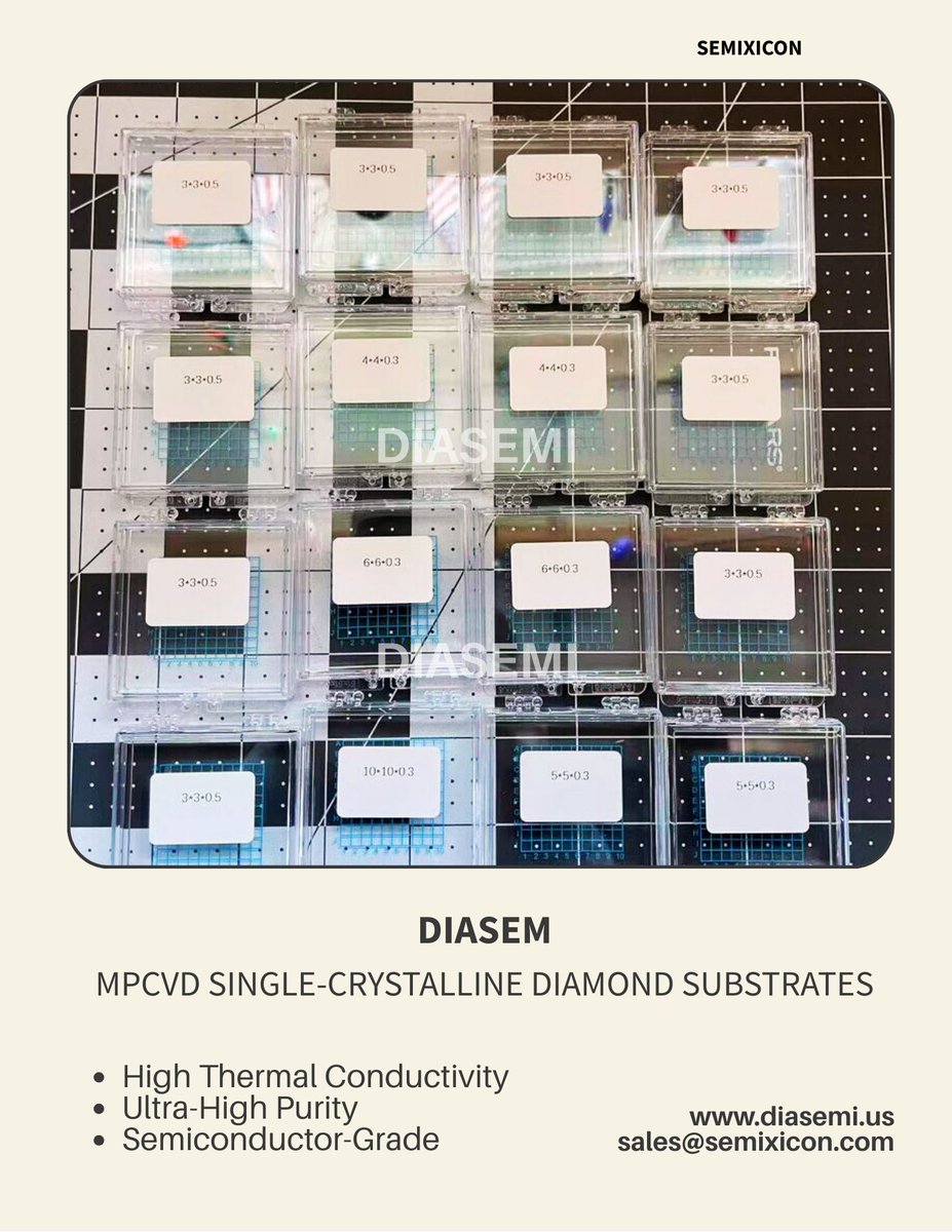 DiamondSemi's tweet photo. DIASEMI:MPCVD Single-Crystalline Diamond Substrates
https://t.co/uA2KnswaVF
sales@semixicon.com
#MPCVDdiamond #CVDdiamond #singlecrystallinediamond #diamondsubstrate #highthermalconductivity #thermalmanagement #heatspreader #GaN #SiC #powerdevices #RFdevices #laserdissipation https://t.co/V52QTGbwCw