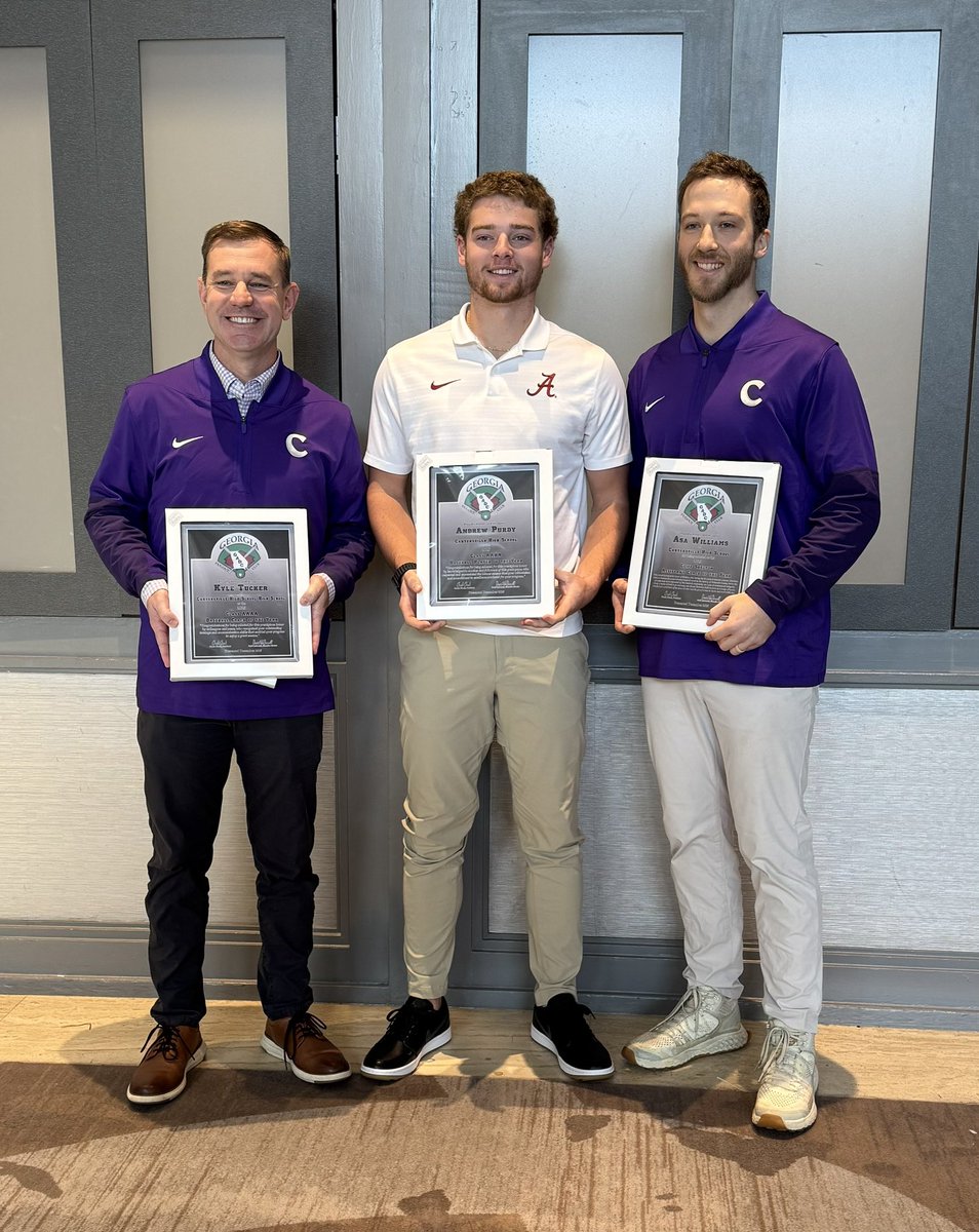 CHSHurricaneBSB's tweet photo. L-R: Kyle Tucker, Andrew Purdy, &amp; Asa Williams were honored this morning by the Georgia Dugout Club for the 2025 season.

Purdy: 4A Player-of-the-Year
Williams: Assistant Coach-of-the-Year
Tucker: 4A Coach-of-the-Year https://t.co/OFDSl6lOlN