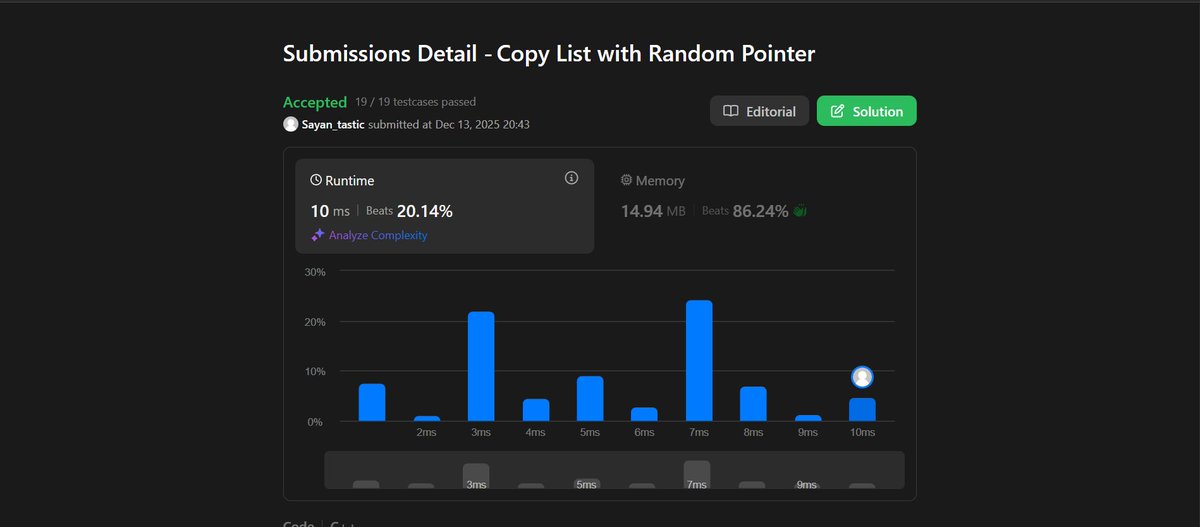 MallickSay68979's tweet image. Day 2/7 – DSA Challenge ✅
Copy List with Random Pointer cracked.
Pointers tried to confuse me,
but patience + logic won today.
Still learning. Still showing up. 🚀
#DSA #LeetCode #CodingJourney #Day2 #Consistency #ProblemSolving