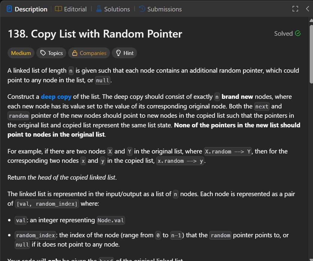 MallickSay68979's tweet image. Day 2/7 – DSA Challenge ✅
Copy List with Random Pointer cracked.
Pointers tried to confuse me,
but patience + logic won today.
Still learning. Still showing up. 🚀
#DSA #LeetCode #CodingJourney #Day2 #Consistency #ProblemSolving