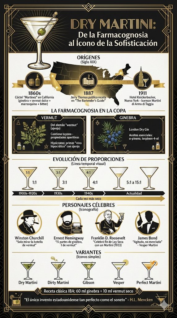 El origen del Dry Martini es un misterio con múltiples versiones:
• Teoría del Martinez (1860s): Evolucionó del cóctel "Martinez", servido en la ciudad californiana homónima, que contenía ginebra, vermut dulce, licor de marrasquino y bitter.
• Teoría de Jerry Thomas (1880s): El