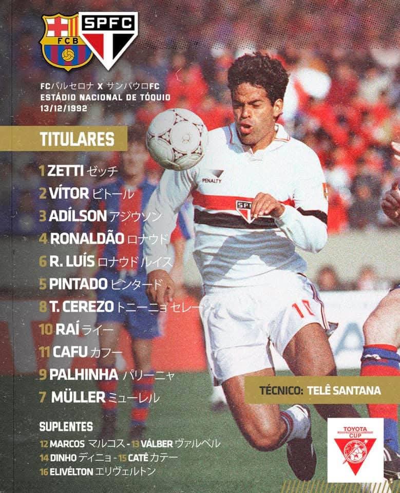 somosaopaulinos's tweet photo. 📸 Escalação do São Paulo no Mundial de 1992, que hoje completa 33 anos. https://t.co/DRxkr6IRqO