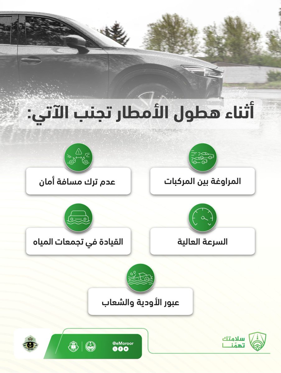 المرور يحذر من 5 تصرفات عند القيادة أثناء هطول الأمطار : · المراوغة بين المركبات.. · عدم ترك مسافة أمان.. · السرعة العالية.. · القيادة في تجمعات المياه.. · عبور الأودية والشعاب 