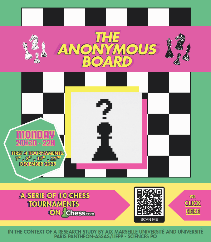 _AnonymousBoard's tweet photo. ⏳ Dernières minutes pour s’inscrire à notre 3ᵉ tournoi anonyme ce lundi 15 décembre ! 

⏳Last minutes to register for our 3rd Anonymous Tournament on Monday 15 December! 
👇
https://t.co/GKU0lRWFZ0   

#Chess #Blitz @ohdistorei @chesscom_fr https://t.co/PaYPBjZTeJ