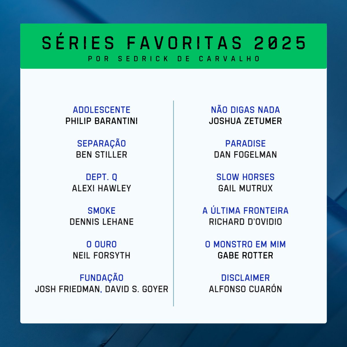 Sedrick_C's tweet photo. E partilho as séries favoritas deste ano. Deixem sugestões nos comentários e digam se viram alguma da lista.

#moviestagram #movies #séries #favorite https://t.co/QmBjqvEfFY