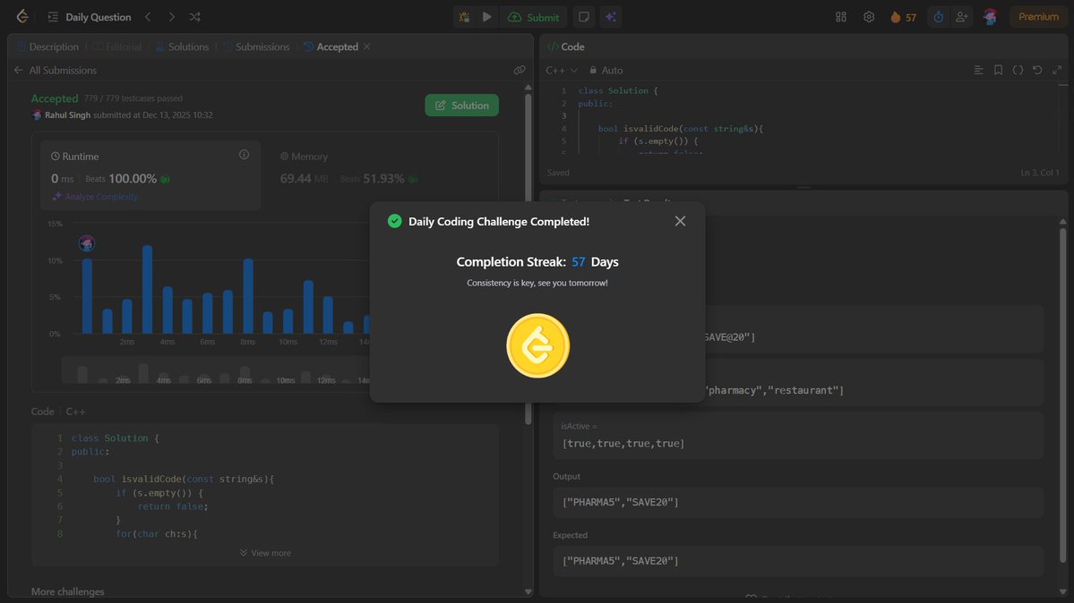 RahulSingh30070's tweet image. 📌 Day 85Progress
🎯 POTD: LC #3606 – Validate Coupons
👉 Filtered valid coupons using active status + business line mapping + custom code validation
👉 Used priority mapping + sorting pairs to maintain required order 
#LeetCode #DSA #100DaysOfCode #CodingJourney #TUFWinterArc