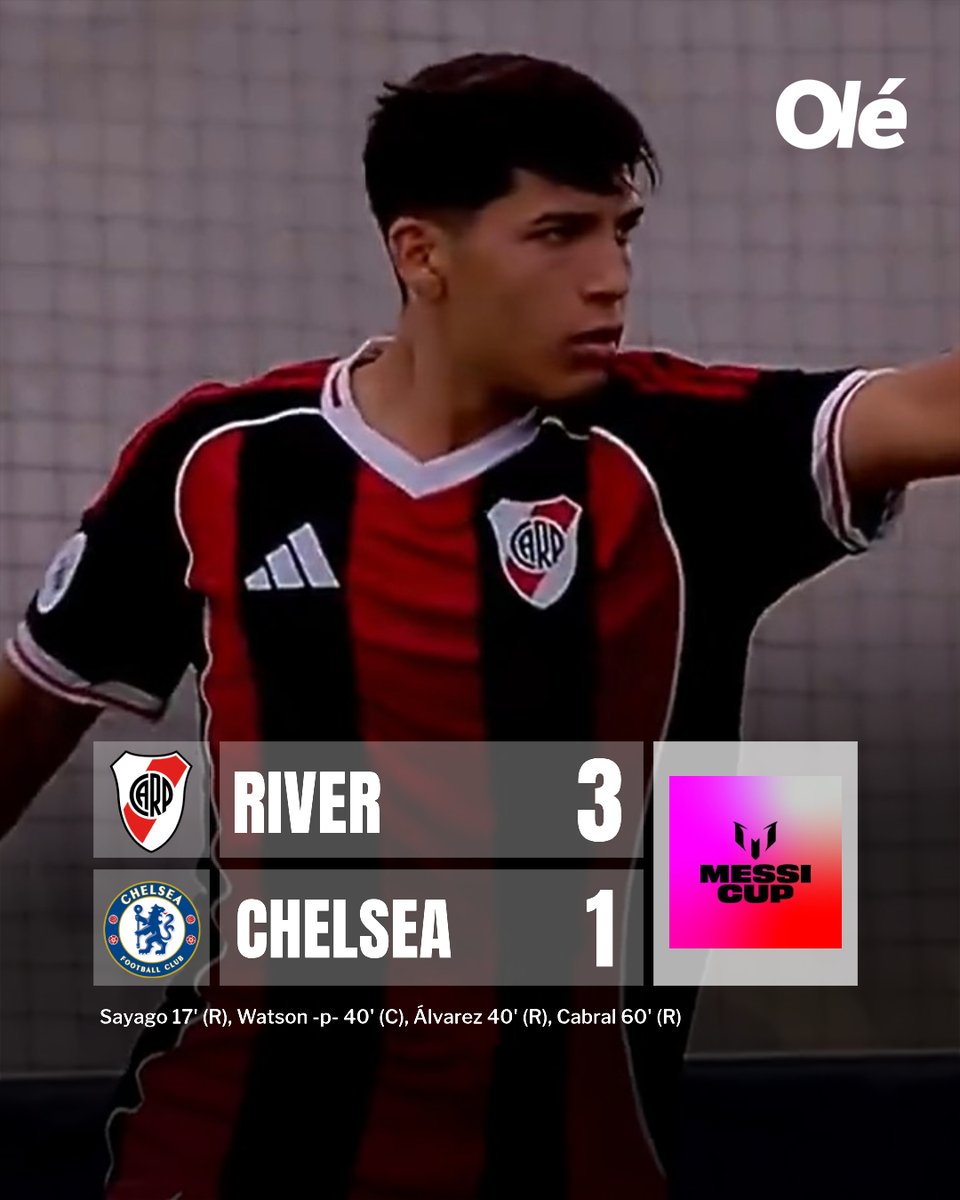 ¡RIVER JUGARÁ LA FINAL DE LA MESSI CUP! 🔴⚪️

➡️ Los pibes del Millonario le ganaron al Chelsea y se metieron en la definición de la primera edición del torneo de la Pulga

⚽️ Sayago, Álvarez y Cabral hicieron los goles del conjunto juvenil de Núñez

🆚 Su rival saldrá del