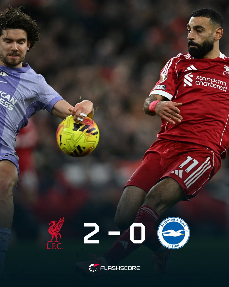 FlashscorePL's tweet photo. FC Liverpool wrócił na zwycięski szlak, pokonując Brighton 2:0 na Anfield. Bohaterem był Hugo Ekitike – dublet, w tym gol już w 45. sekundzie. Przy drugim trafieniu asystował Mohamed Salah, dośrodkowując z rożnego.
#fcliverpool
#MohamedSalah
#HugoEkitike https://t.co/bVz5nXqqPr