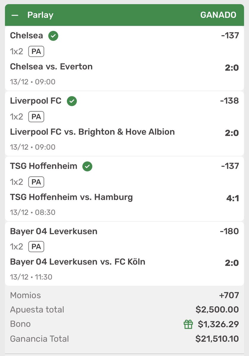 Regalaré $2500 entre los RT Y ❤️ 

PARLAY +707 ⚽️⚽️✅✅ 

$21,510 con tan solo $2500 🤯🤯🤯🤯una VERDADERA LOCURAAAA lo que acabamos de cobrar en el grupo PREMIUM 🚀🚀😍🤤💰💰 

Ya podemos ir comprando regalitos de navidad 🎁🎁 

LA KOALAANETA 🏎️🐨 , salen sorteos pendientes hoy